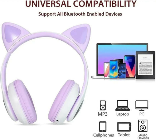 Cat Ear Wireless Bluetooth Headphones with RGB LED Lights & Built-in Mic – Stereo Bass Sound, Bluetooth & AUX Mode, Adjustable Over-Ear Headset for Kids, Teens & Girls