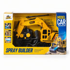 RC excavator toy showing its movable arm and rotating cab