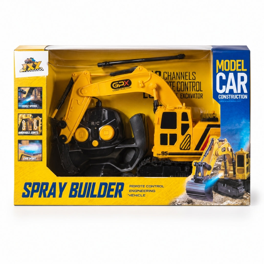 RC excavator toy showing its movable arm and rotating cab