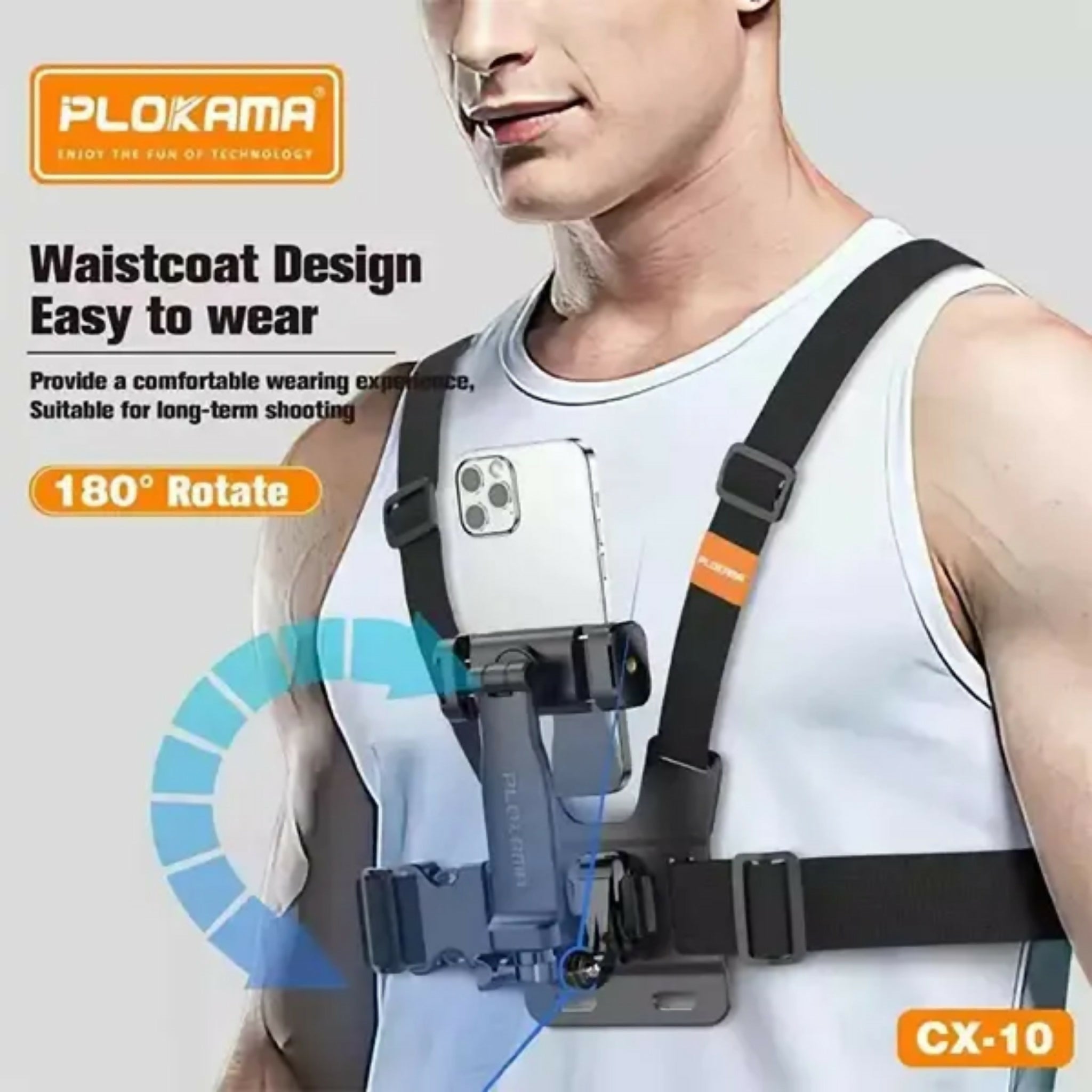 PLOKAMA CX10 Action Camera Chest Mount Holder – 360° Adjustable Harness Strap for Sports, Hiking & Vlogging