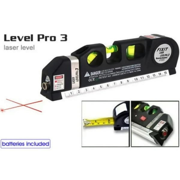 Laser Level Pro3 Multipurpose Tool | Vertical, Cross Line & Measuring Tape with Rulers