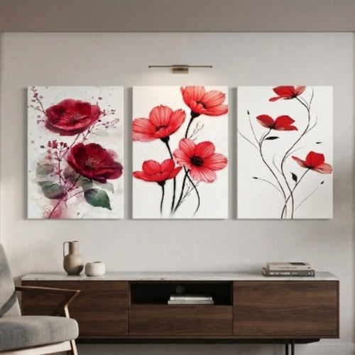 Red floral bloom wooden wall art set