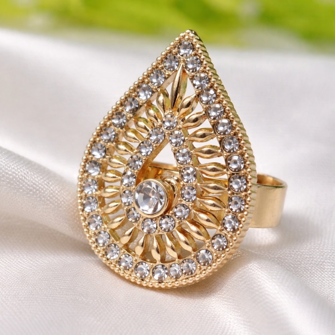 Ring, Adjustable Floral Ring Heart Rose Design Rhinestone Fashion for Girls