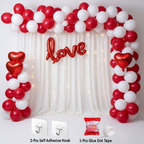32 Pcs Romantic Tent Decoration Set With Red & White Balloons, Foil Heart, LED Lights & White Curtain