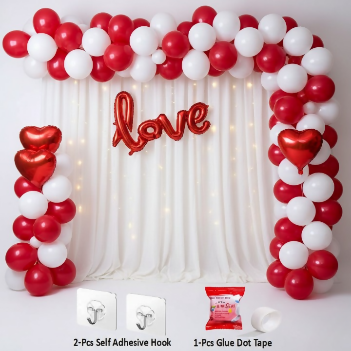 32 Pcs Romantic Tent Decoration Set With Red & White Balloons, Foil Heart, LED Lights & White Curtain