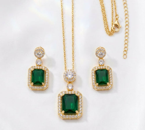 Chain Locket And Earrings Set With Cubic Zirconia Square Stone Elegant Jewelry 