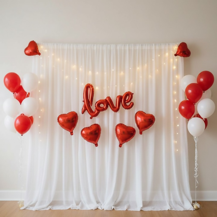 32 Pcs Romantic Tent Decoration Set With Red & White Balloons, Foil Heart, LED Lights & White Curtain