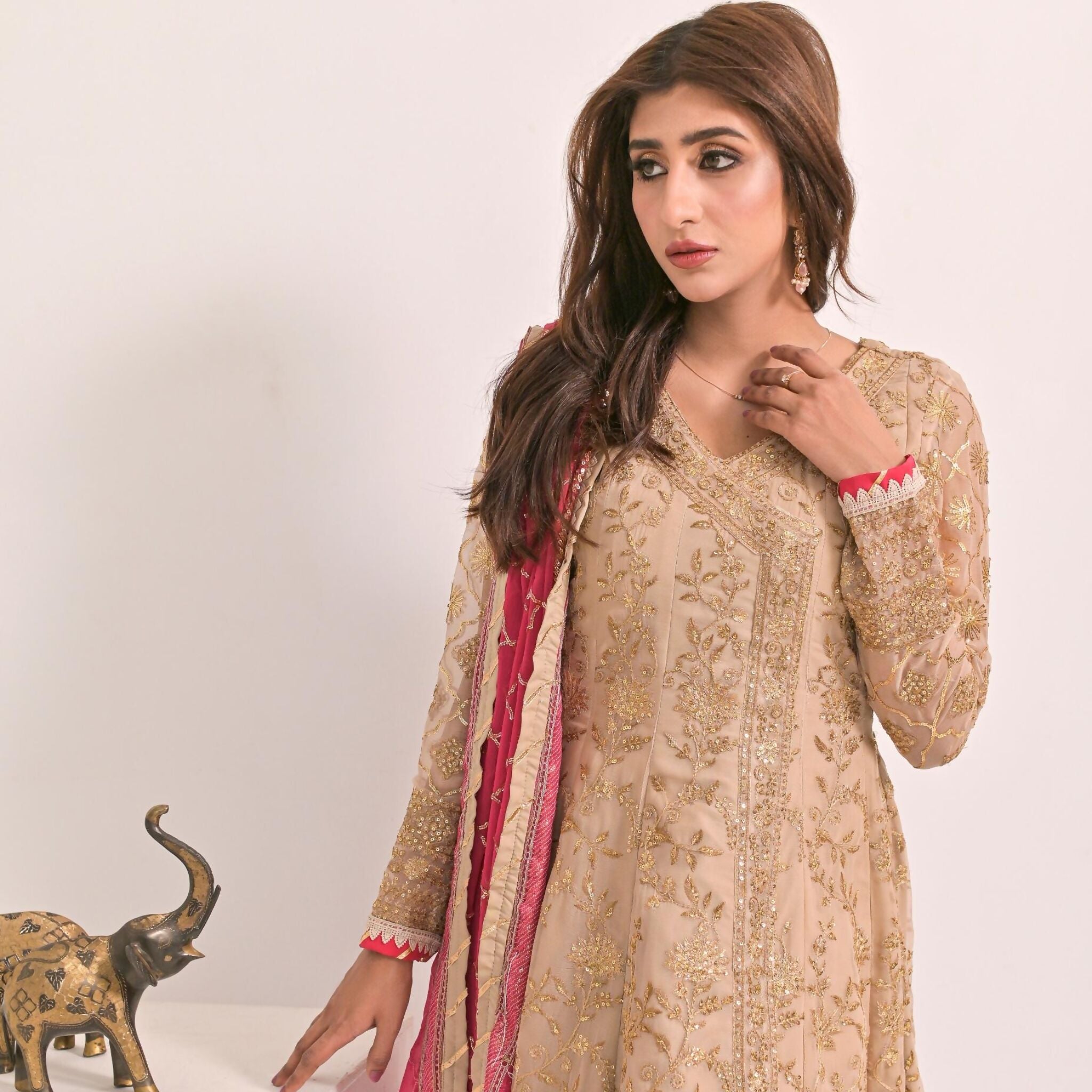Dress Suit, Beige Chiffon Ensemble 3-Piece Set with Intricate Embroidery