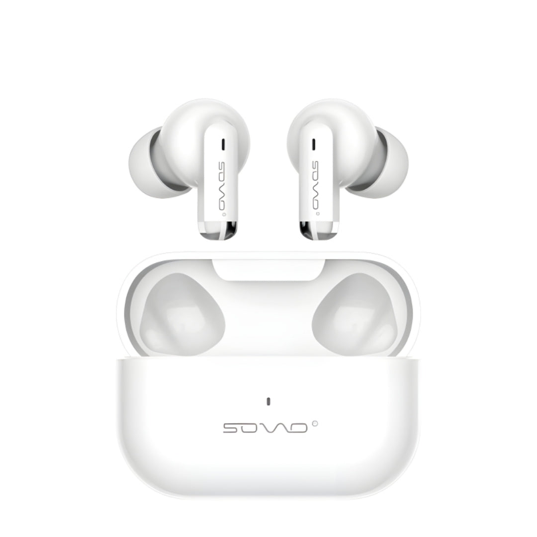 SOVO wireless earbuds with compact charging case and charging cable