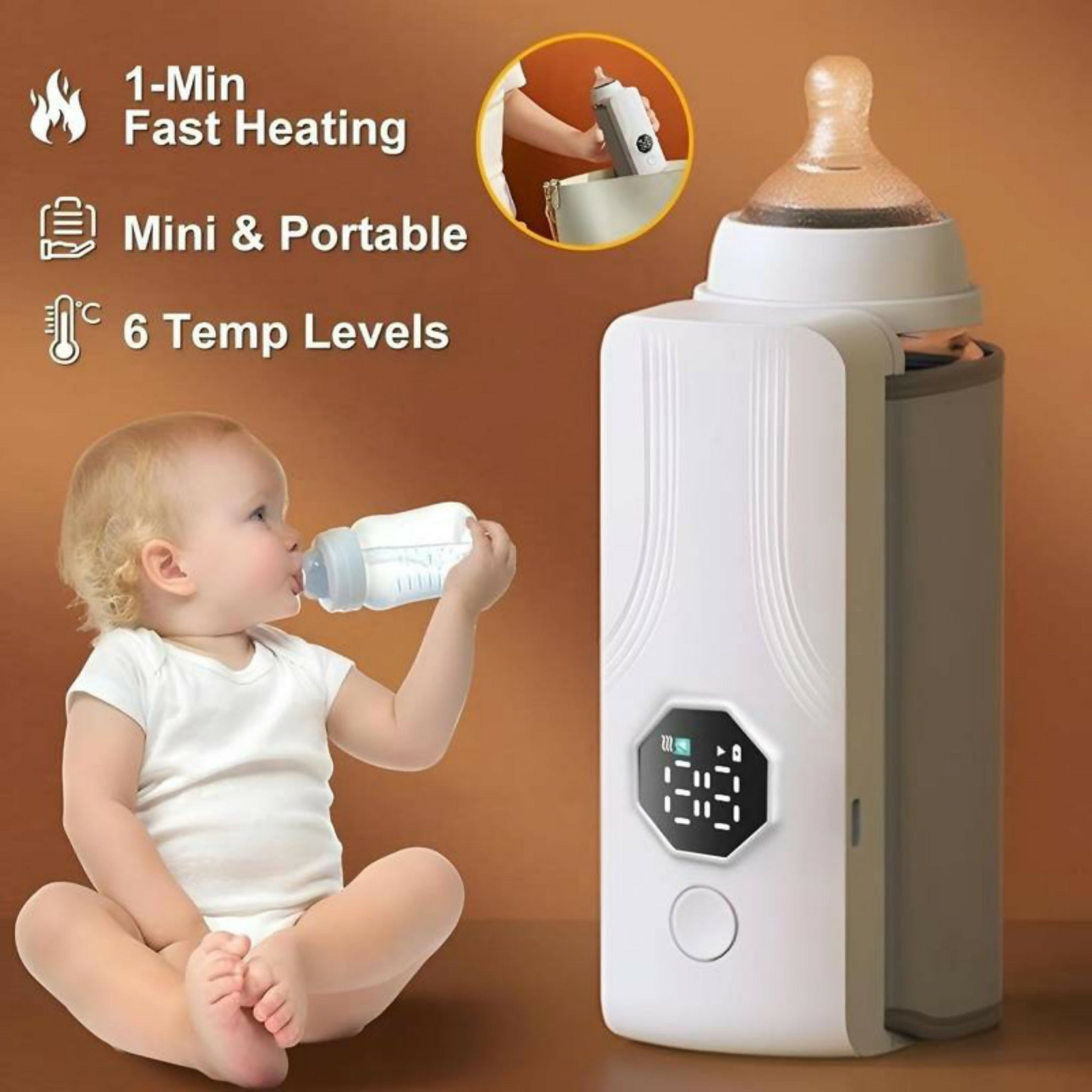 Portable Rechargeable Baby Bottle Warmer – USB Milk Heater with 6 Temperature Levels | Fast 1-Min Heating, Mini Travel Bottle Warmer
