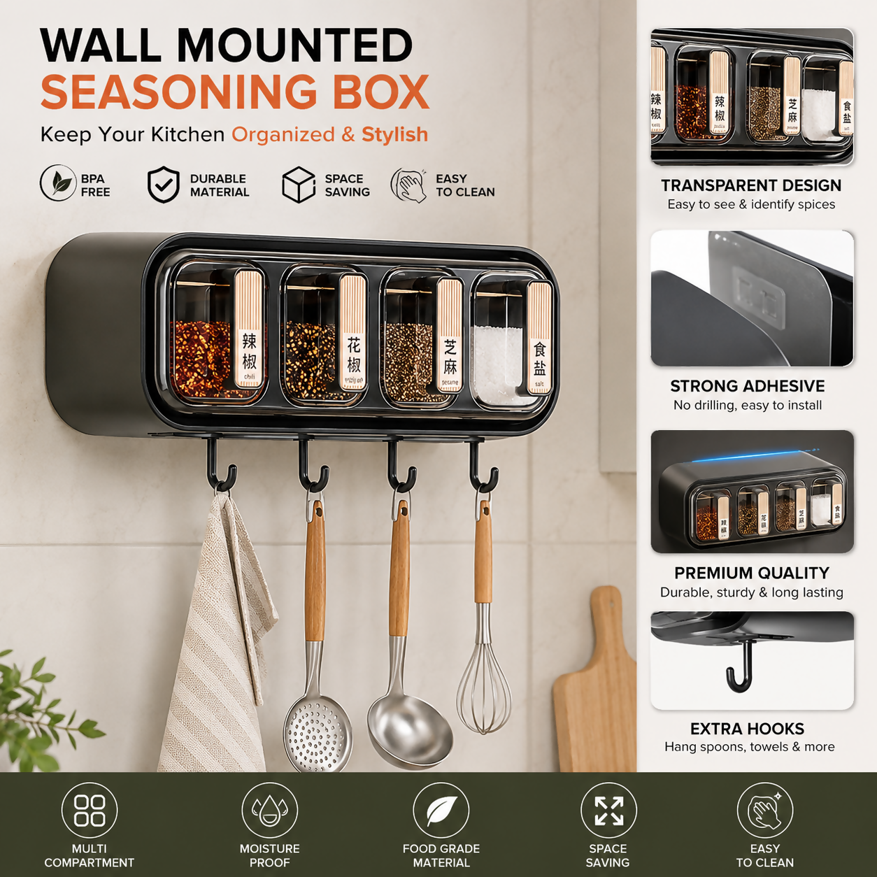 Wall Mounted Seasoning Box Condiment Containers Space Saving Storage Durable Transparent Kitchen Organizer