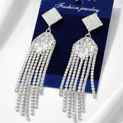 Silver Diamond Cascade Long Earrings Luxury Statement for Women