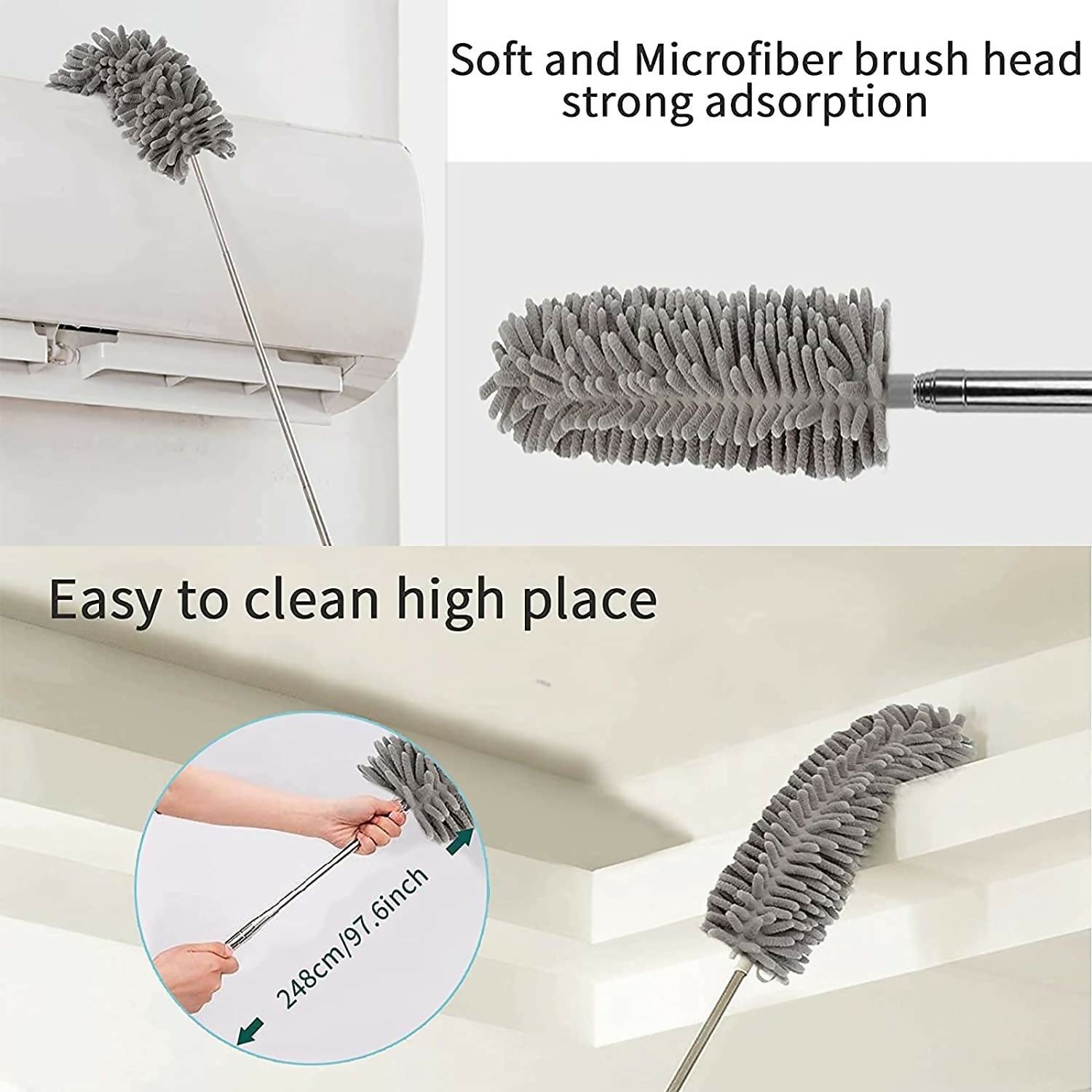 Grey Flexible Microfiber Duster – Bendable Long Reach Cleaning Brush for Home & Office