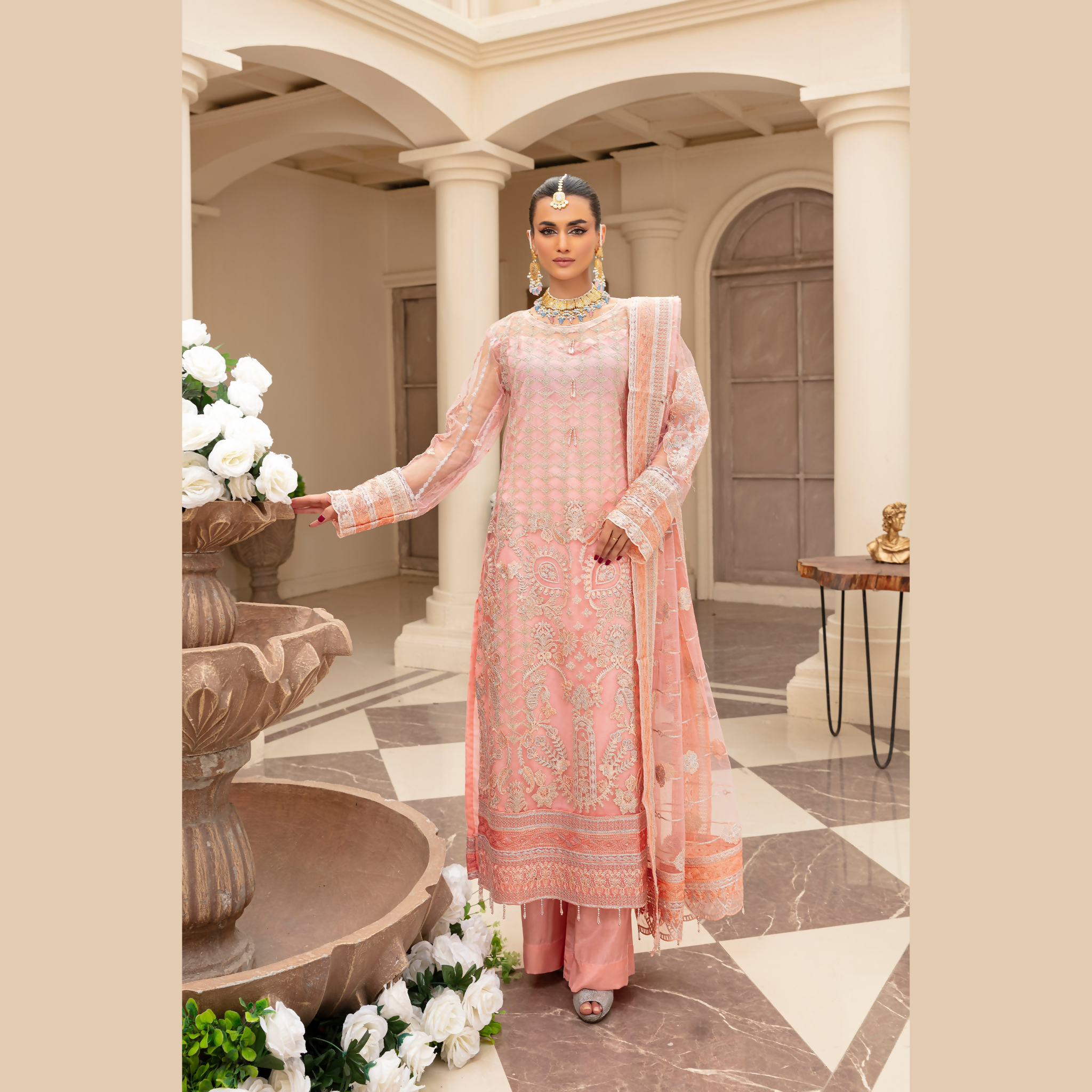 3-Piece Net Ensemble, Semi Stitched Suit, Mahé Rooh Sang E Mah JUMAN (SM-4903)