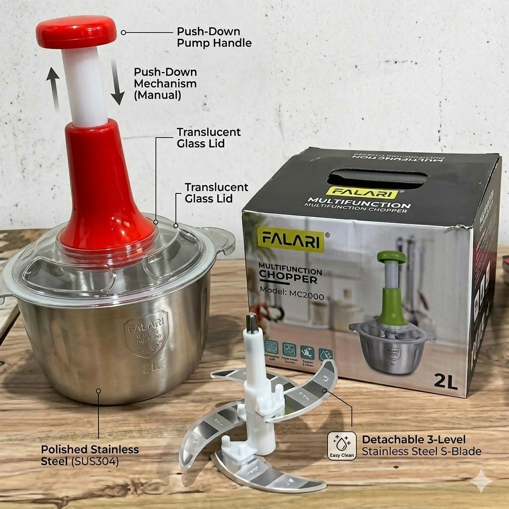 Large 2L Bowl Effortless Vegetable Chopper & Meat Mincer – Manual Hand-Press Food Processor for Fruits, Herbs, Garlic, and Onions
