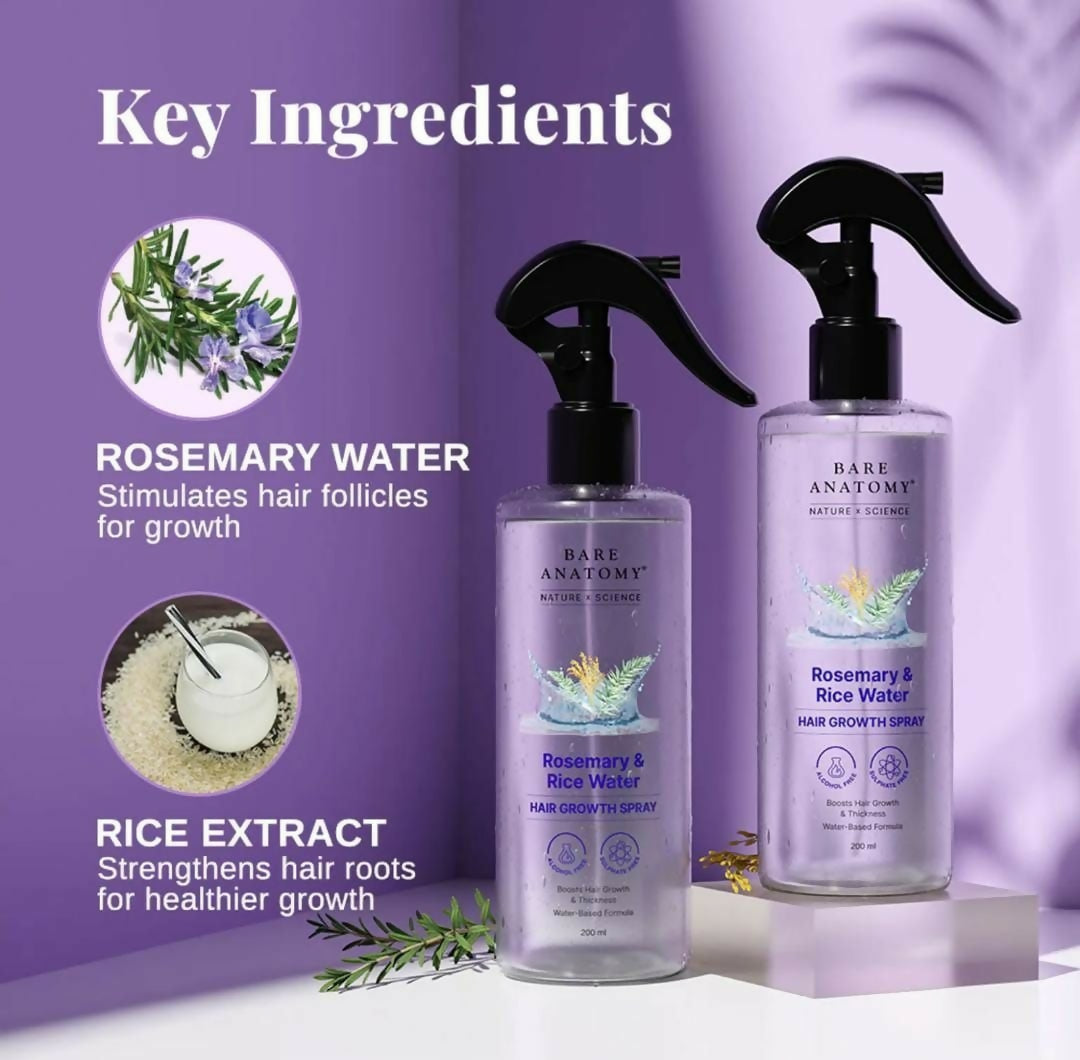 Bare Anatomy Rosemary & Rice Water Hair Growth Spray – 200ml | Strengthen & Thicken Hai
