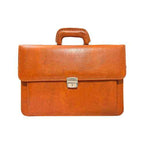 Tan leather executive office bag with top handle and secure silver clasp – ideal for business professionals.