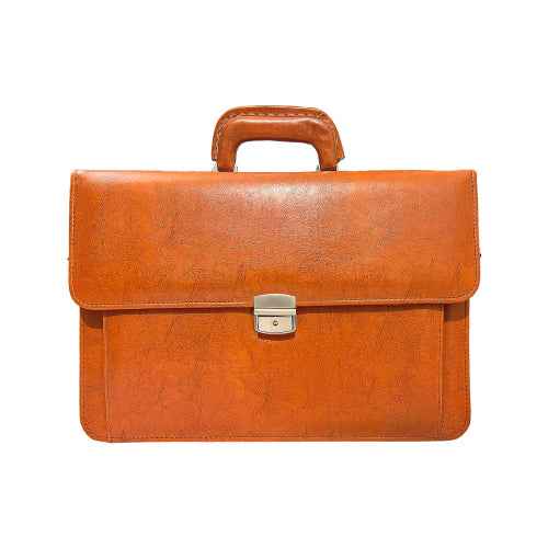 Tan leather executive office bag with top handle and secure silver clasp – ideal for business professionals.