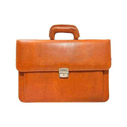 Tan leather executive office bag with top handle and secure silver clasp – ideal for business professionals.