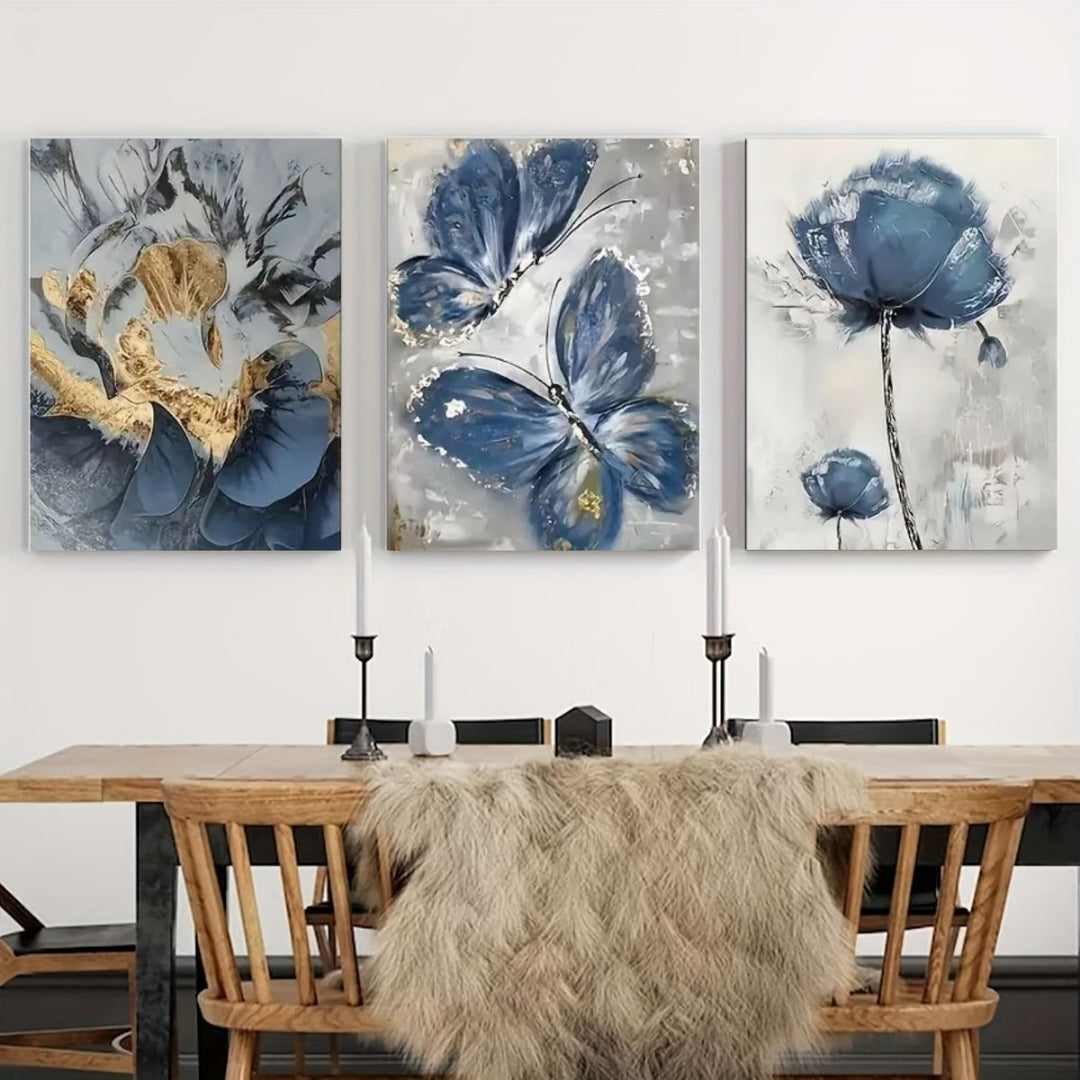 Three-piece blue and gold flower wall frame set
