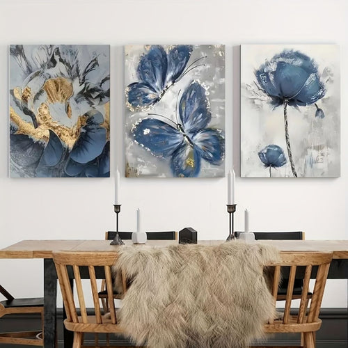 Three-piece blue and gold flower wall frame set