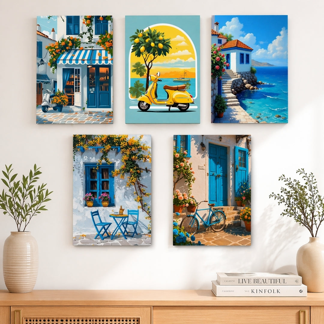 Set of 5 wooden wall frames featuring warm Italian-inspired vintage home artwork.