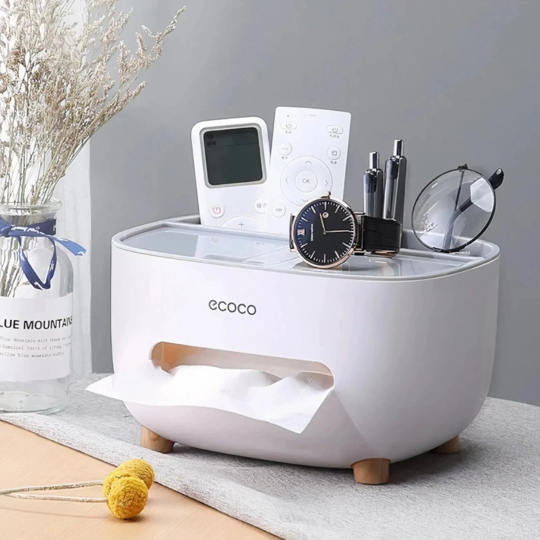 Tissue Holder Organizer with Drawer, Remote and Stationery Storage Box for Desk