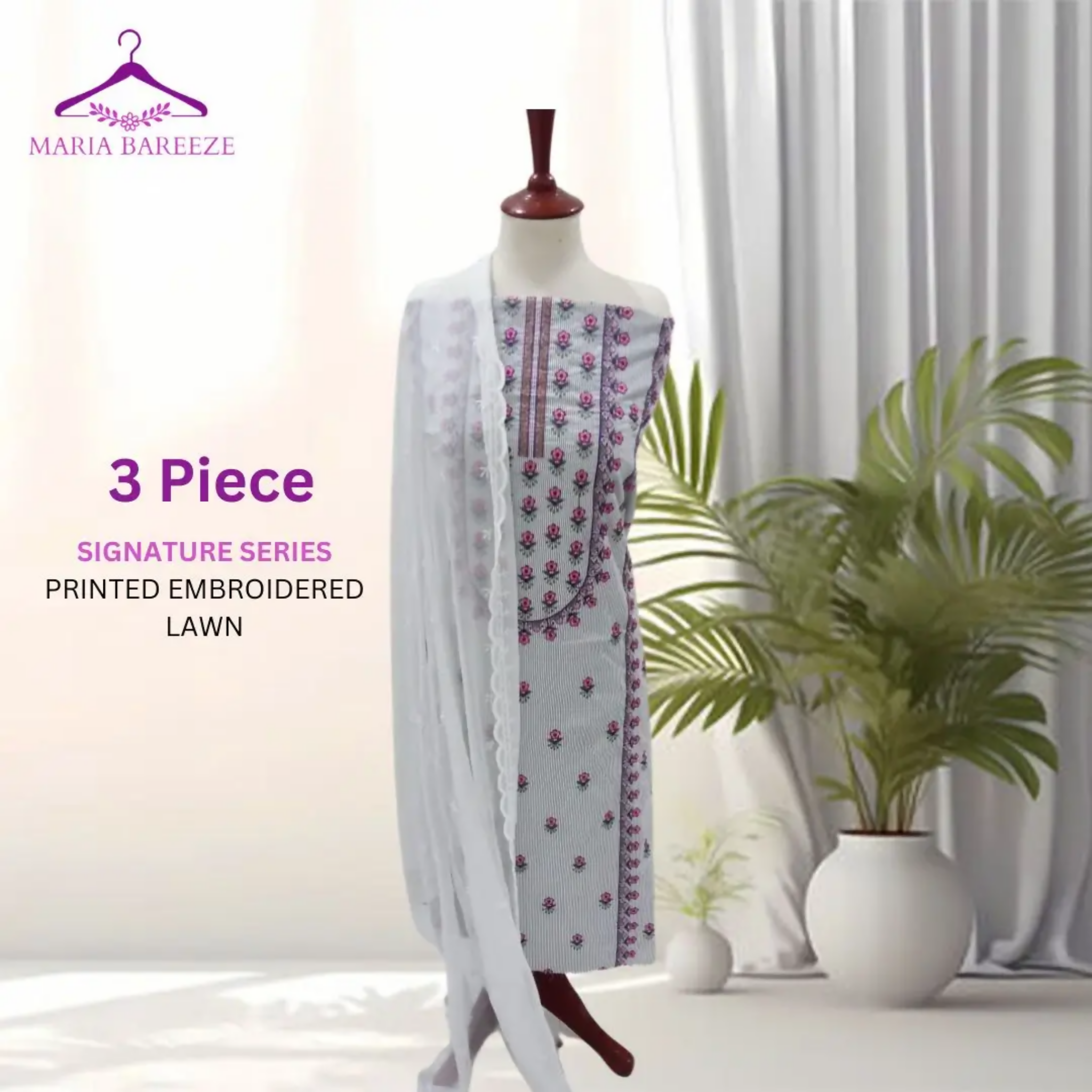 Unstitched Suit, 3-Piece Lawn Embroidered Dress with Chiffon Dupatta, for Women