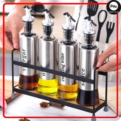 Olive Oil Dispenser Bottle Glass Stainless Steel | Oil and Vinegar Cruet Set | Leak-Proof Kitchen Glass Oil Bottle | 300ml Cooking Oil Vinegar Sauce Bottle with Dropper | Transparent Oil Pot for BBQ Baking Frying Salad