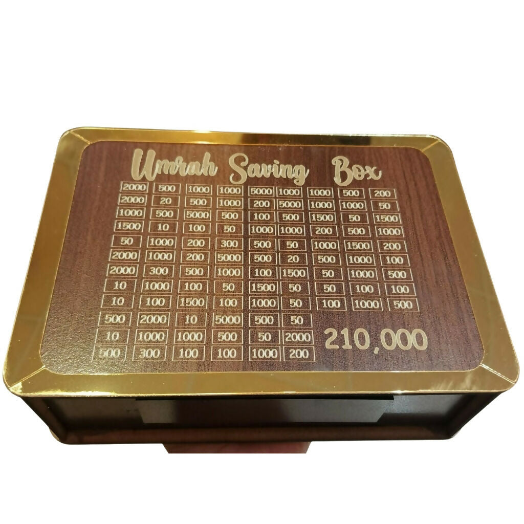 Umrah Saving Box, Premium Wooden Design, Lockable Money Box