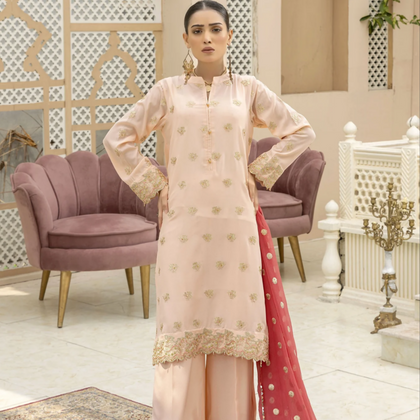 Suit, Peach Embroided with Chiffon Dupatta, for Women