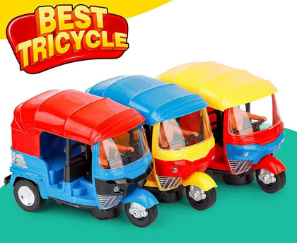 Musical Electric Tricycle Rickshaw Toy for Kids – Battery Operated with Front & Rear Lights, Music, Durable Plastic Build, (Multi-Color)