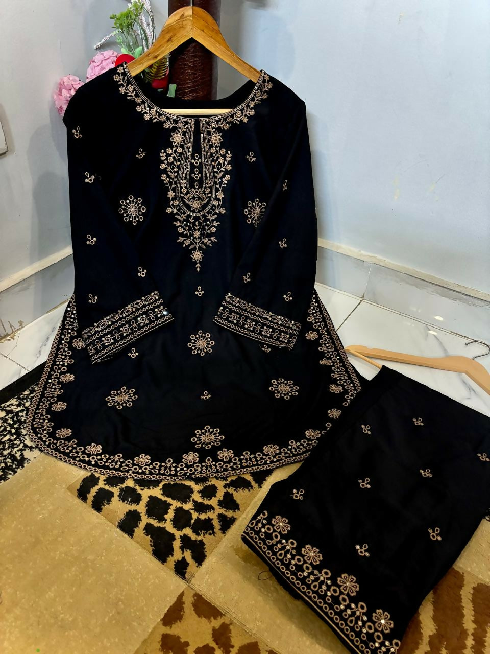 Malai Lawn Contrast Embroidered Shirt With Embroidered Sleeves & Malai Lawn Contrast Embroidered Farshi Shalwar 2pc Dress
