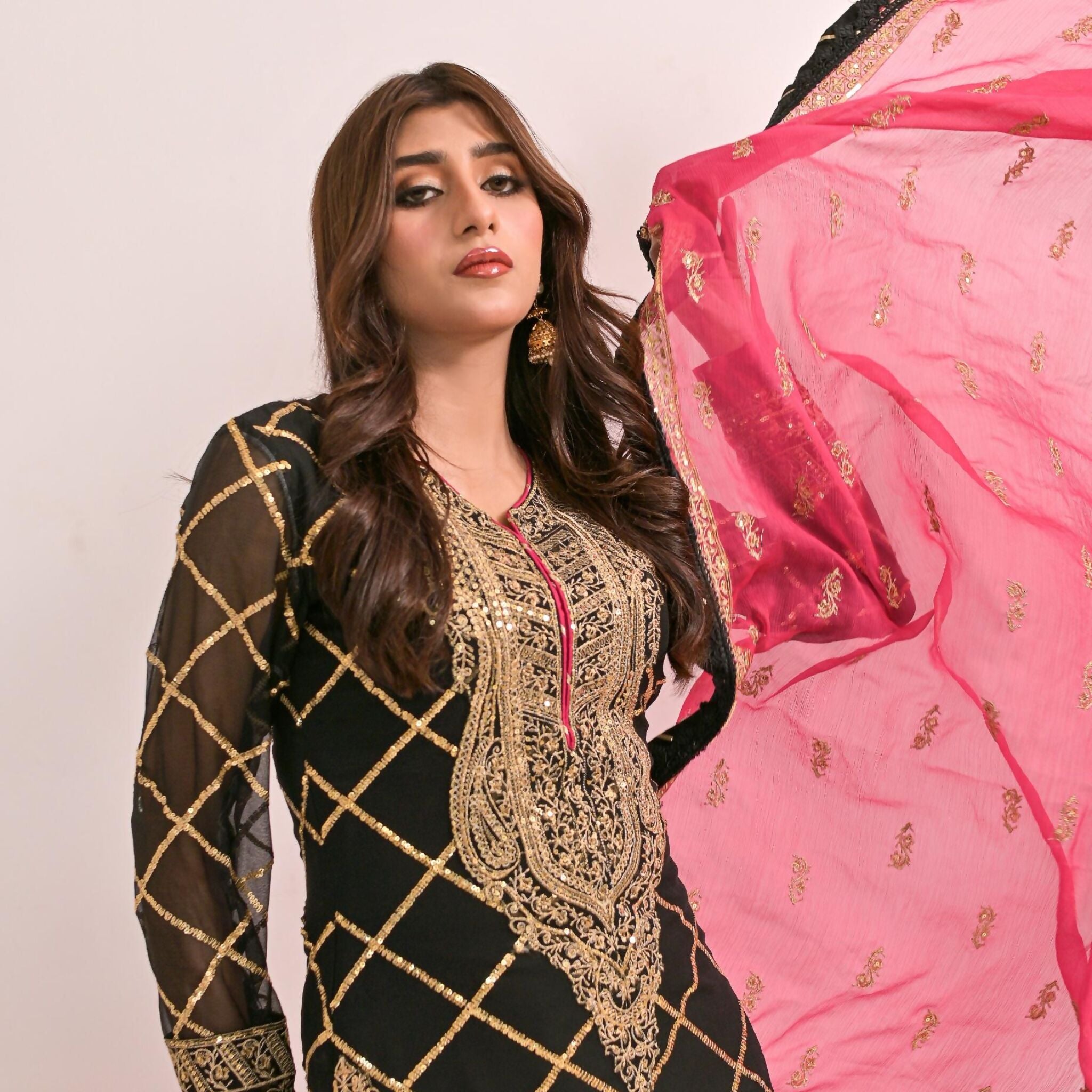 Dress Set, Elegant Black Chiffon Ensemble 3-Piece Set with Intricate Embroidery