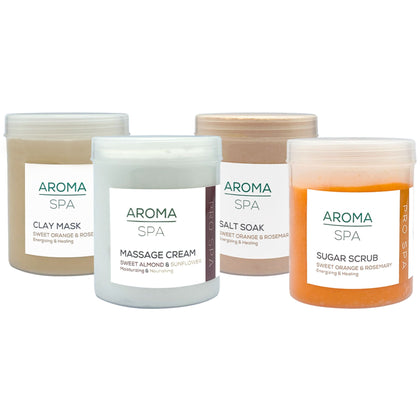 Aroma Spa 4 Essential Steps, Salt Soak, Sugar Scrub, Clay Mask, Massage Cream