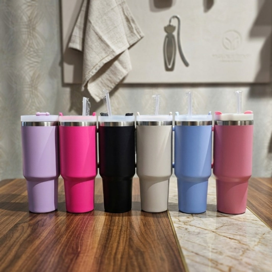 Vacuum Thermal Travel Mug with Handle & Straw