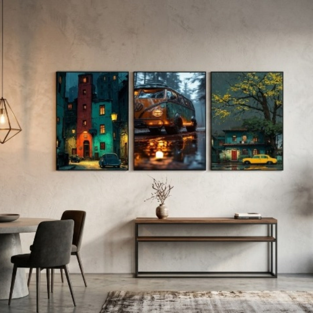 Vintage urban and classic car wooden wall art set