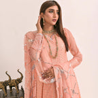 Dress Set, Peach Chiffon Ensemble 3-Piece Set with Intricate Embroidery