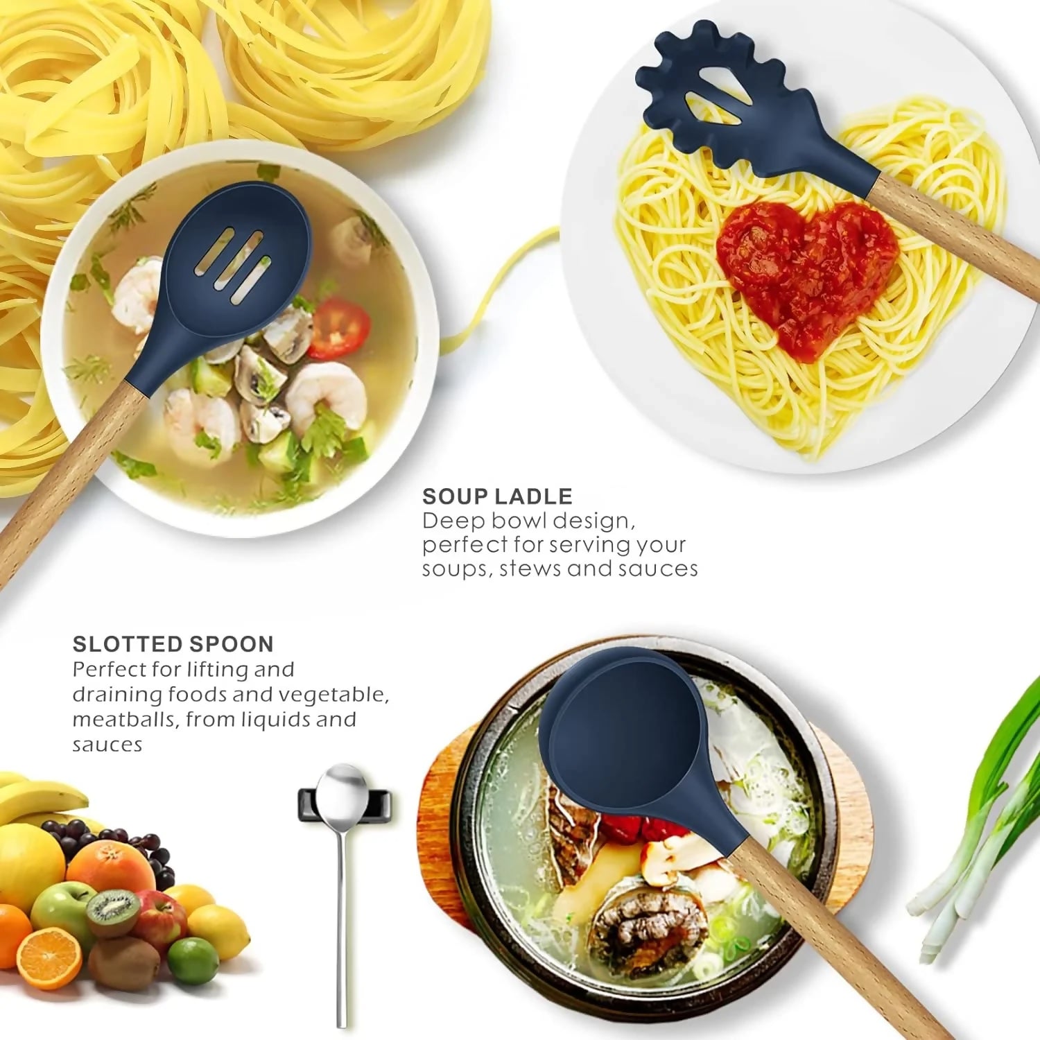 12 Pcs Silicone Cooking Utensils Kitchen Utensil Set | Heat Resistant Kitchen Non toxic Spatula Set with Turner Tongs,Spoon,Brush,Whisk-Wooden Handle – Random Color