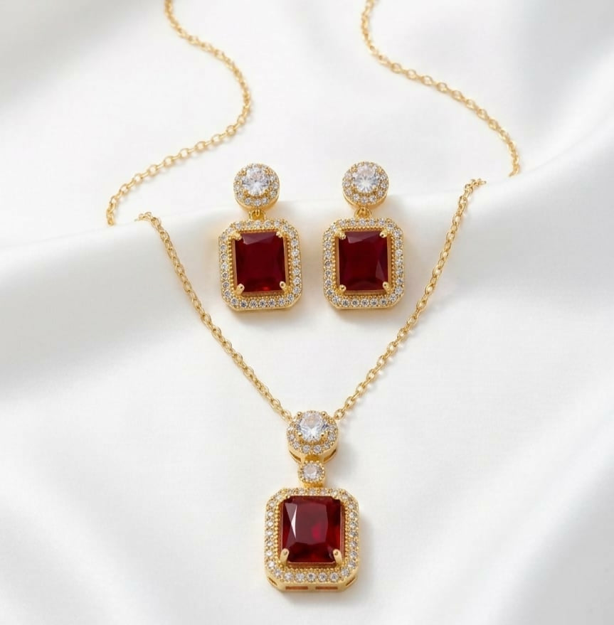 Chain Locket And Earrings Set With Cubic Zirconia Square Stone Elegant Jewelry "GREEN GOLDEN"