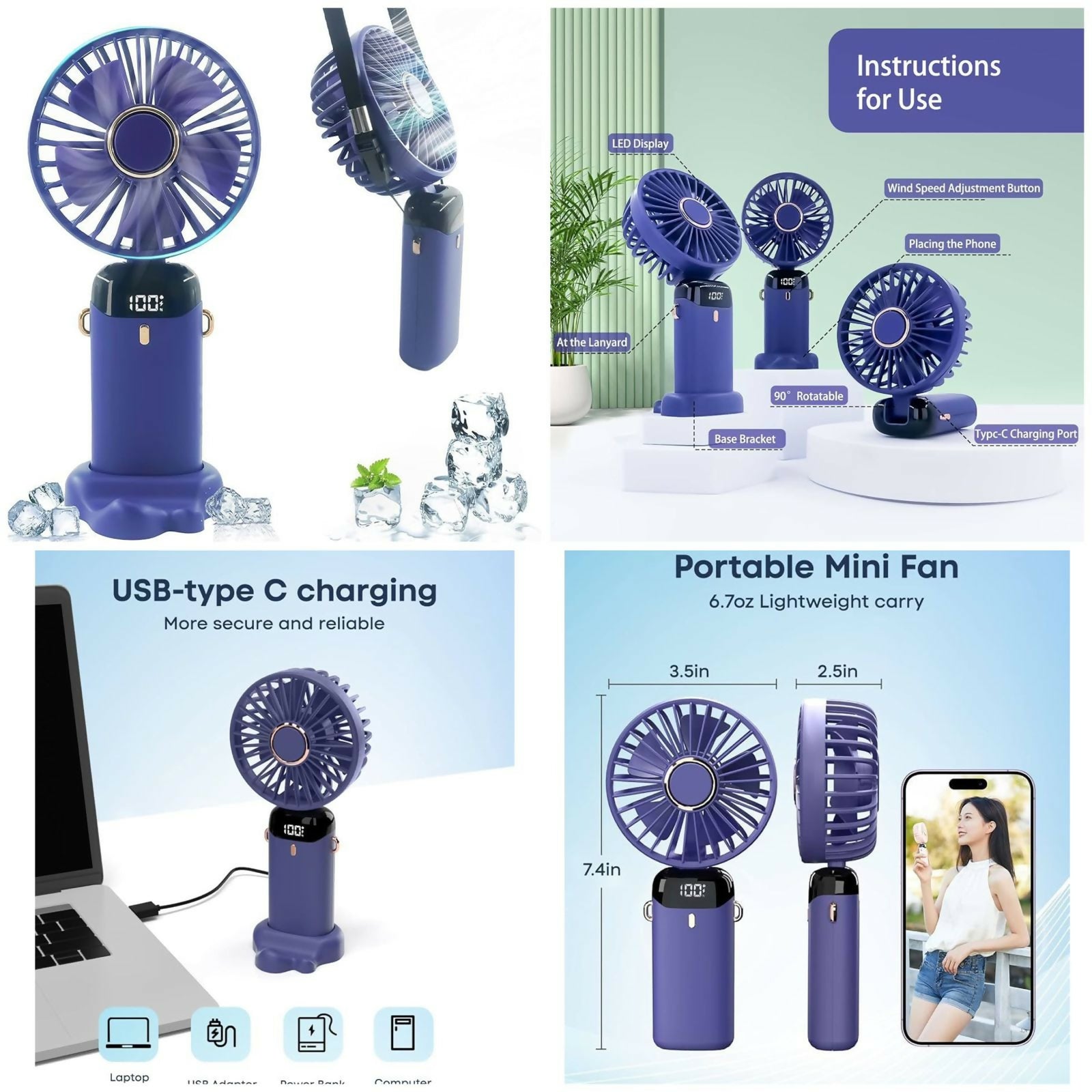 Digital Display Portable Mini Fan – 5-in-1 Multipurpose USB-C Rechargeable Handheld Fan - With Cable (Random Color)