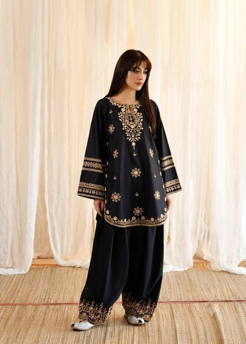 Malai Lawn Contrast Embroidered Shirt With Embroidered Sleeves & Malai Lawn Contrast Embroidered Farshi Shalwar 2pc Dress