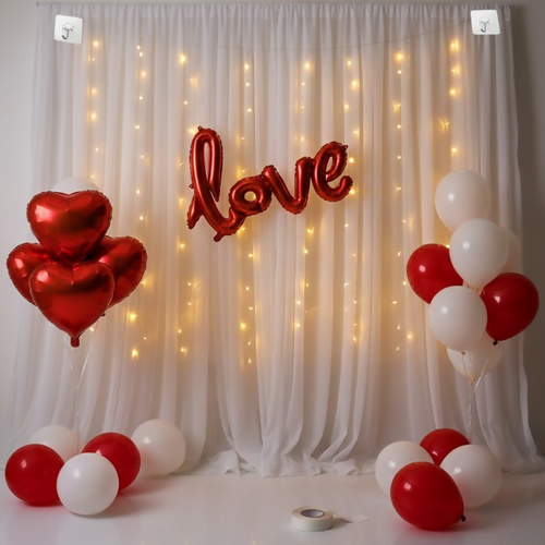 32 Pcs Romantic Tent Decoration Set With Red & White Balloons, Foil Heart, LED Lights & White Curtain