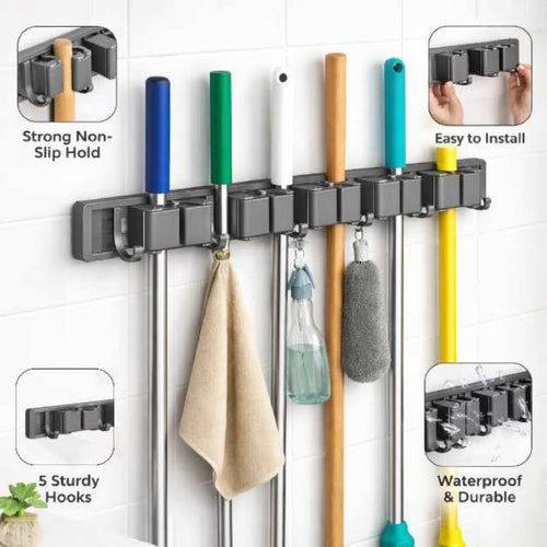 Wall Mounted Mop Organizer with Anti Slip Grip Slots
