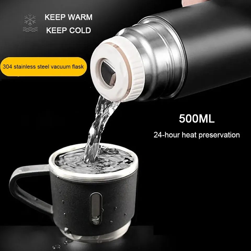 Stainless Steel Vacuum Flask Set 500ml with 2 Cups Travel Bottle