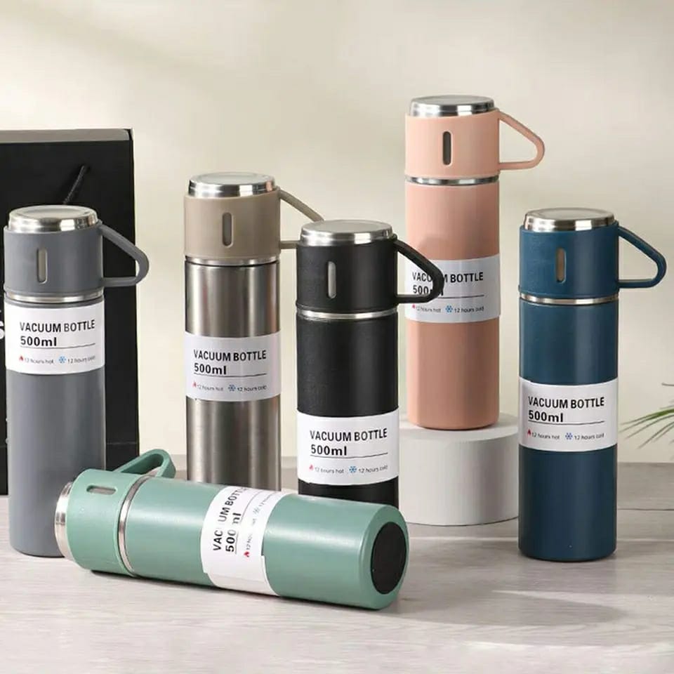Stainless Steel Vacuum Flask Set 500ml with 2 Cups Travel Bottle