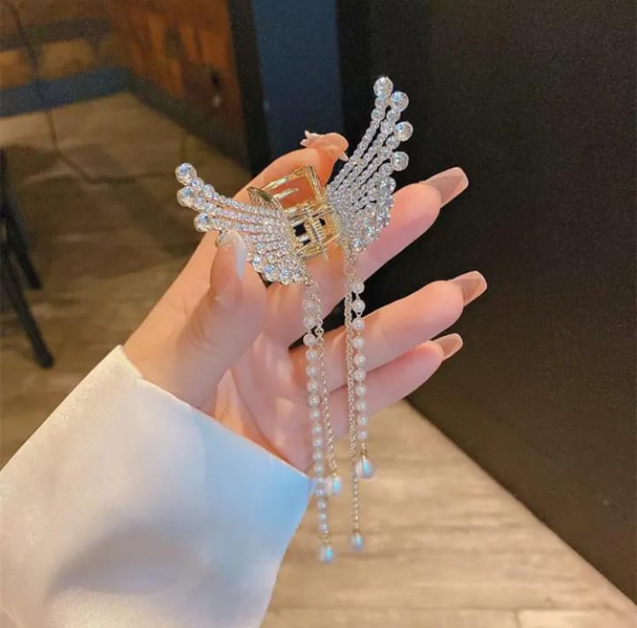 Zircon Butterfly Hair Claw with Long Tassel Korean Style