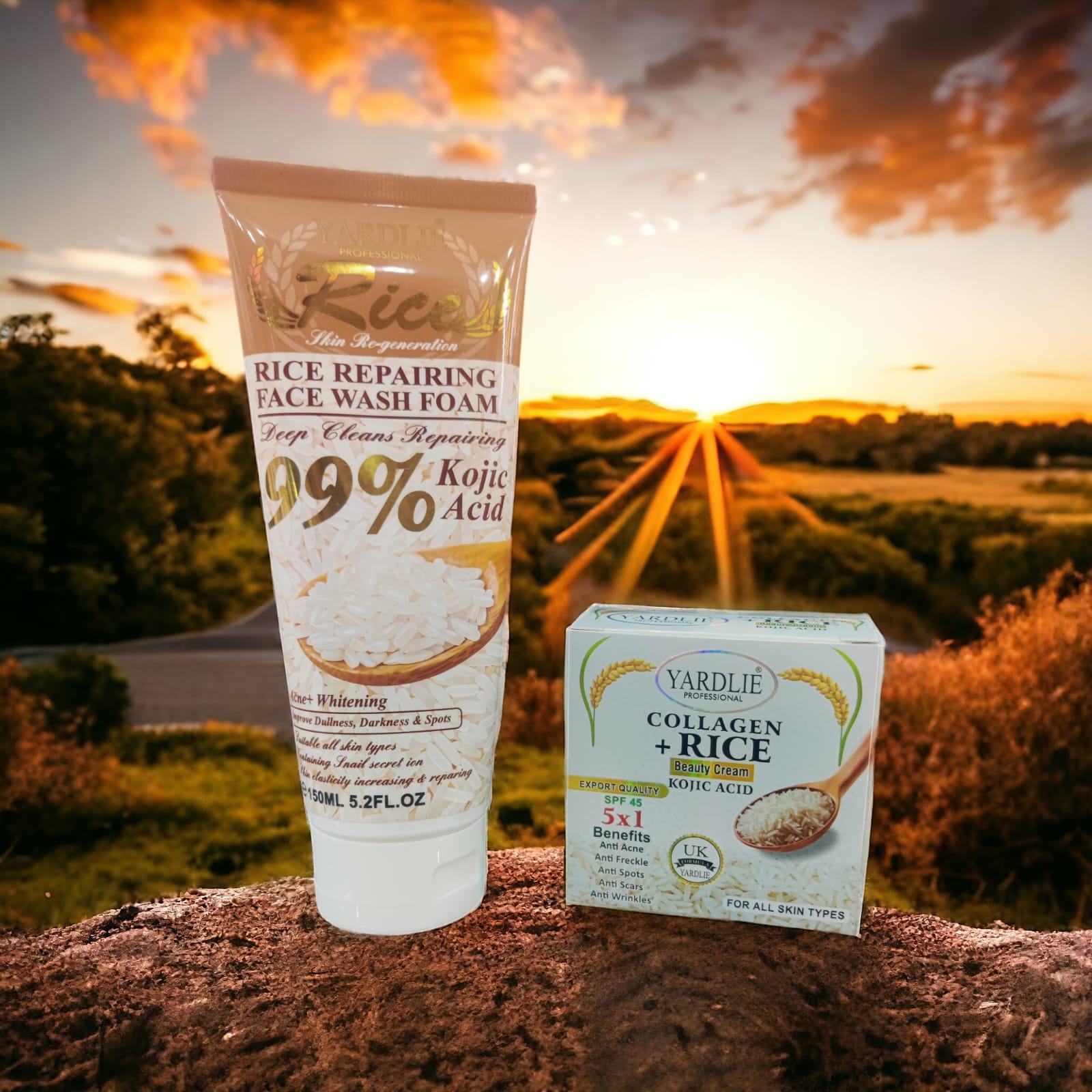 Kit 2 Pcs Deep Facial Cleanser And Repairer With Rice Extract Eliminates Fats And Impurities 150ML Yardlie Clarifying Hyaluronic Acid Rice Scrub + Collagen Beauty Cream