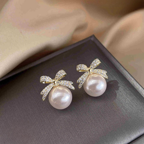 Earrings, Bow sparkle diamond pearl stud, for Women