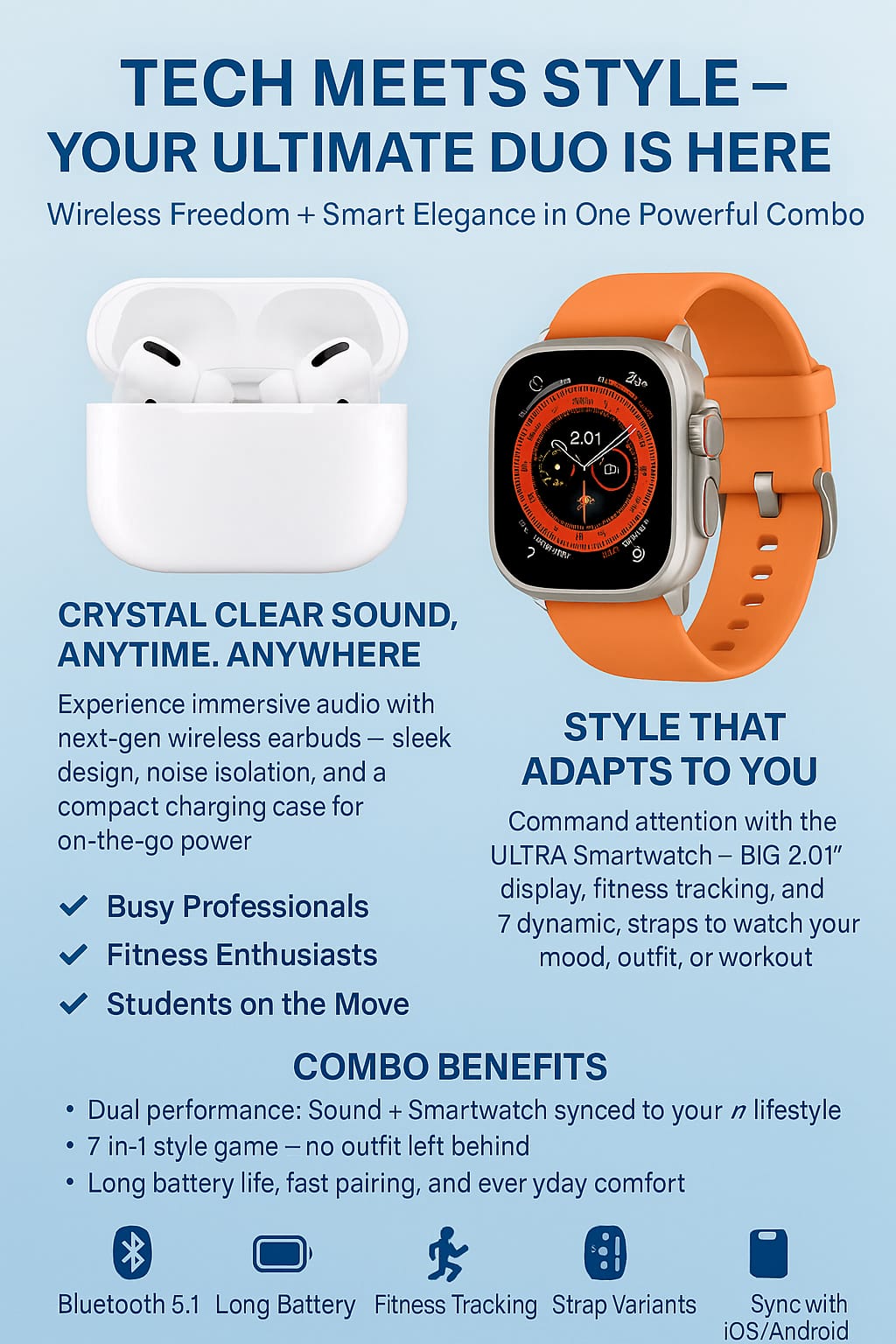 Combo Deal AirPods Pro 2 with Smartwatch, Wireless Earbuds with ANC and 7 Strap, Waterproof,